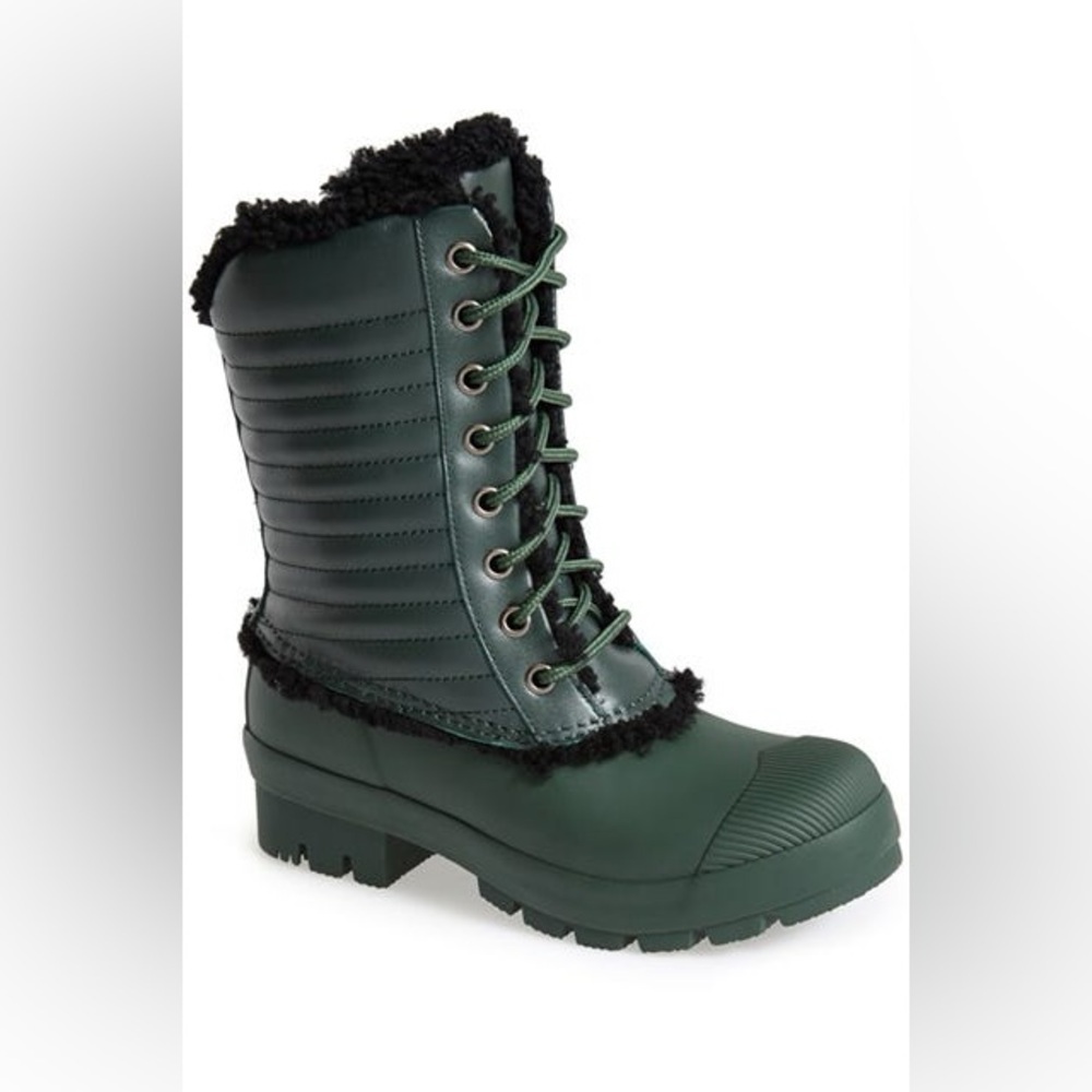 HUNTER ORIGINAL GENUINE SHEARLING & PATENT LEATHER LACE-UP RAIN BOOT Size 7